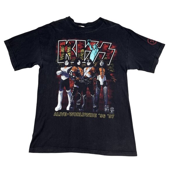 Vintage KISS Alive Worldwide 1996 1997 Black Band T-Shirt Sz Large - Picture 1 of 5